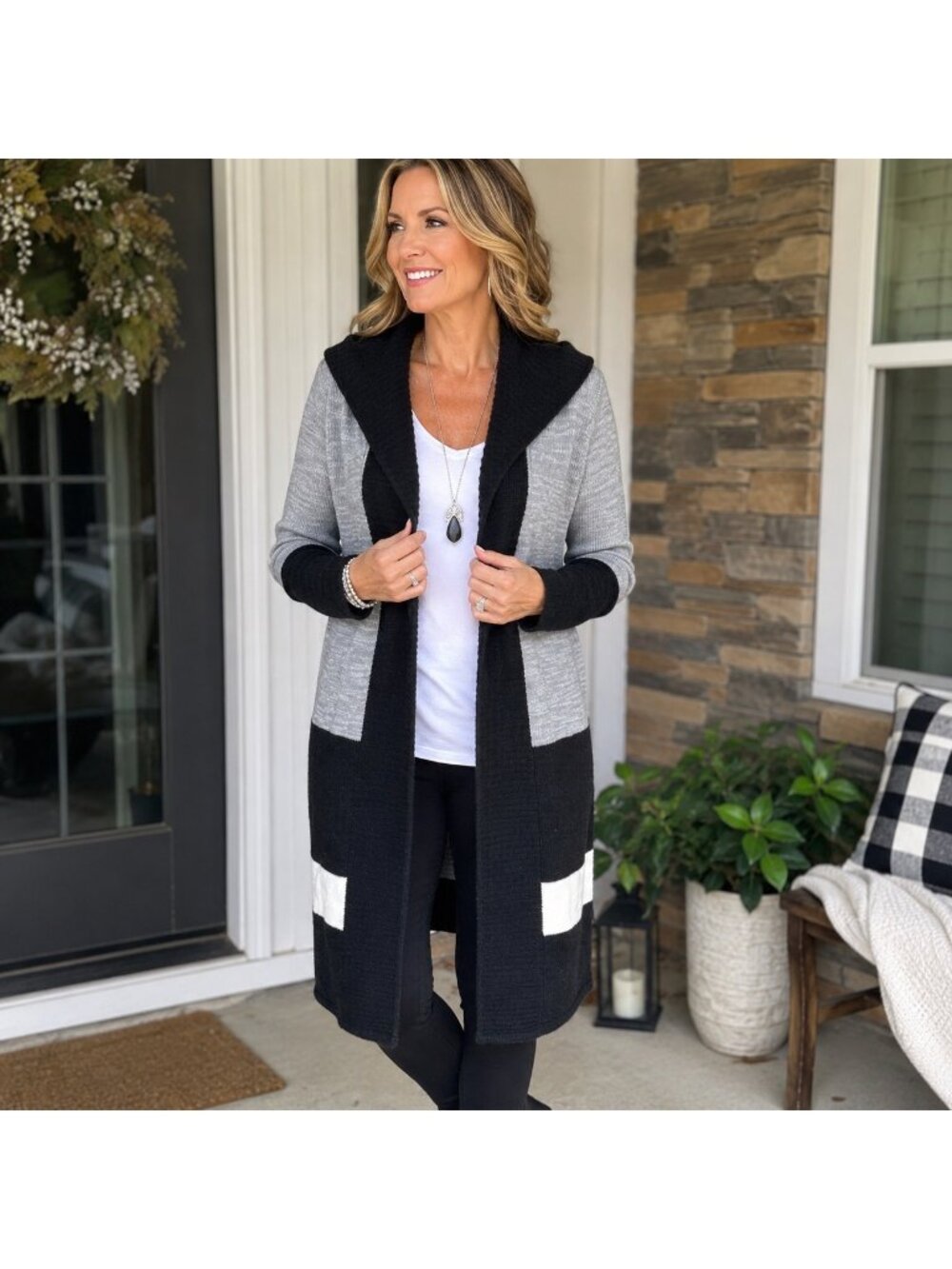 FDJ French Dressing Jeans Cardigan L Hooded Long Colorblock Black Gray Sweater